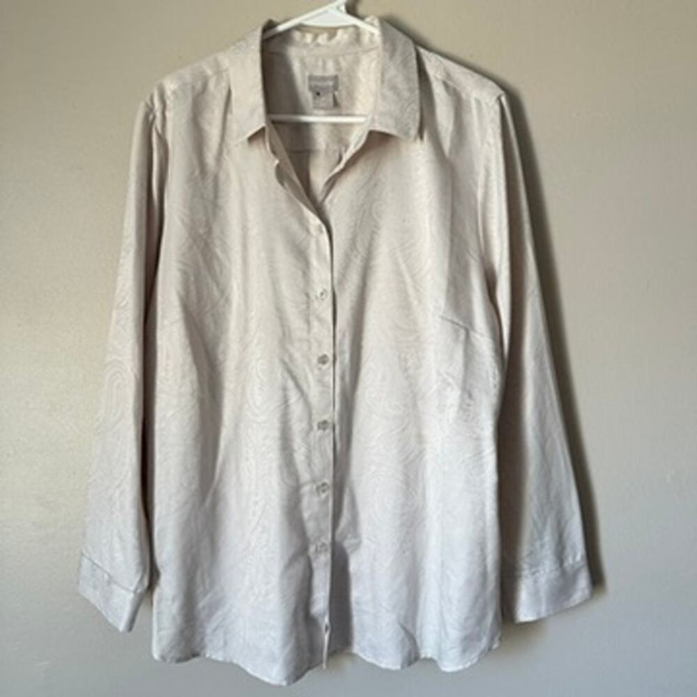 Chicos Jacquard Shirt LARGE Venetian Beige Preppy Office Capsule Wardrobe Preppy